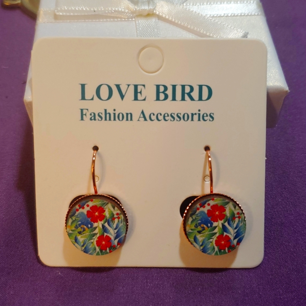 Love Bird Stud Gold and Red Floral Earrings